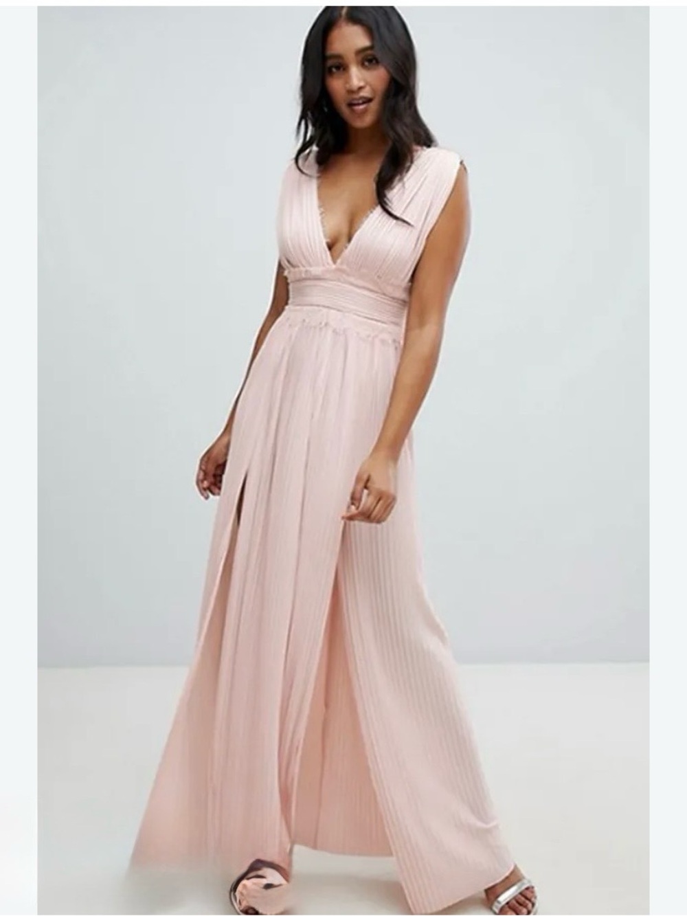 ASOS Powder Pink Pleated V-Neck Maxi Dress